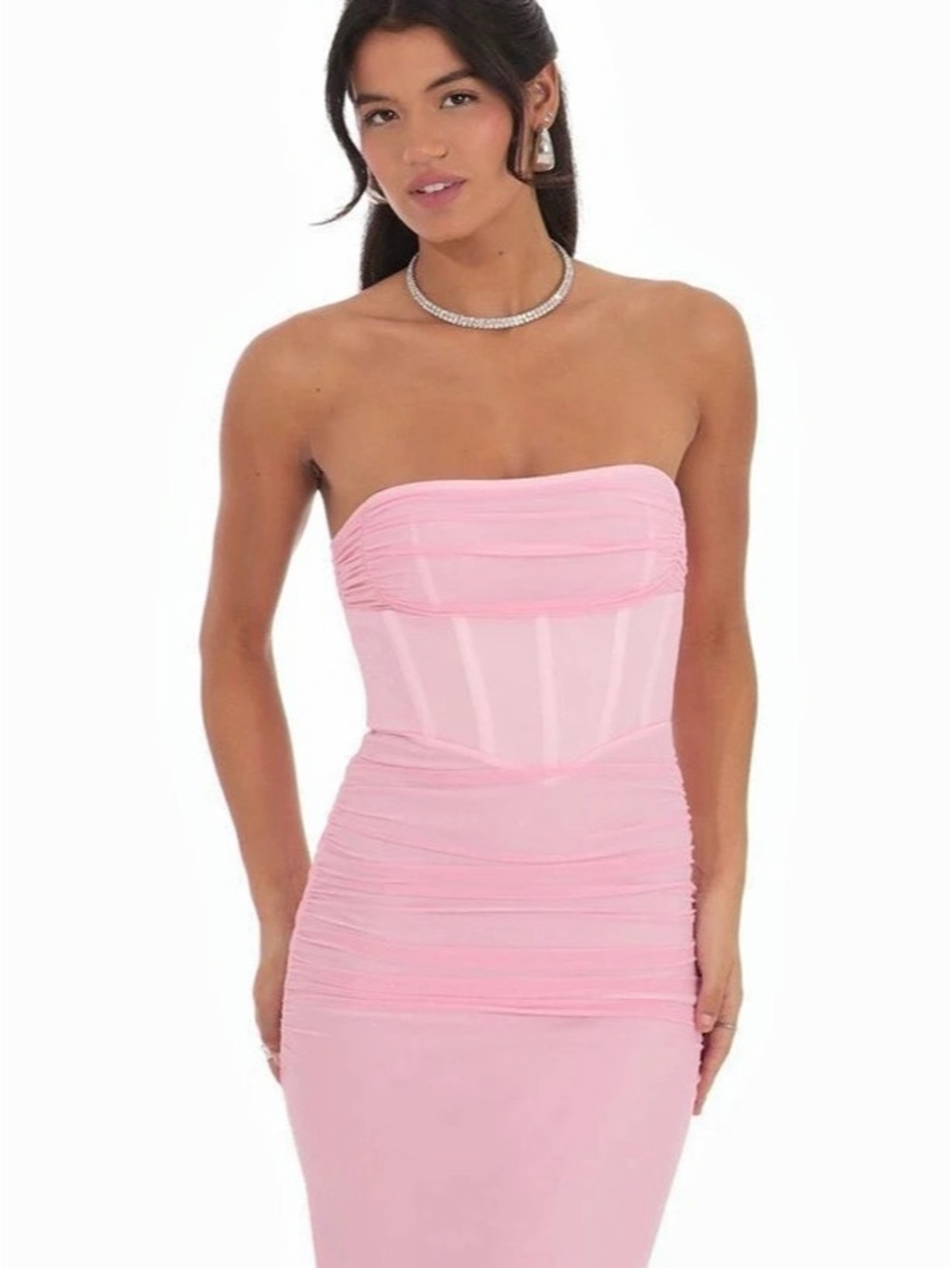 Lucy in the Sky Mesh Strapless Ruched Maxi Dress Strapless Ruched Maxi Dress in